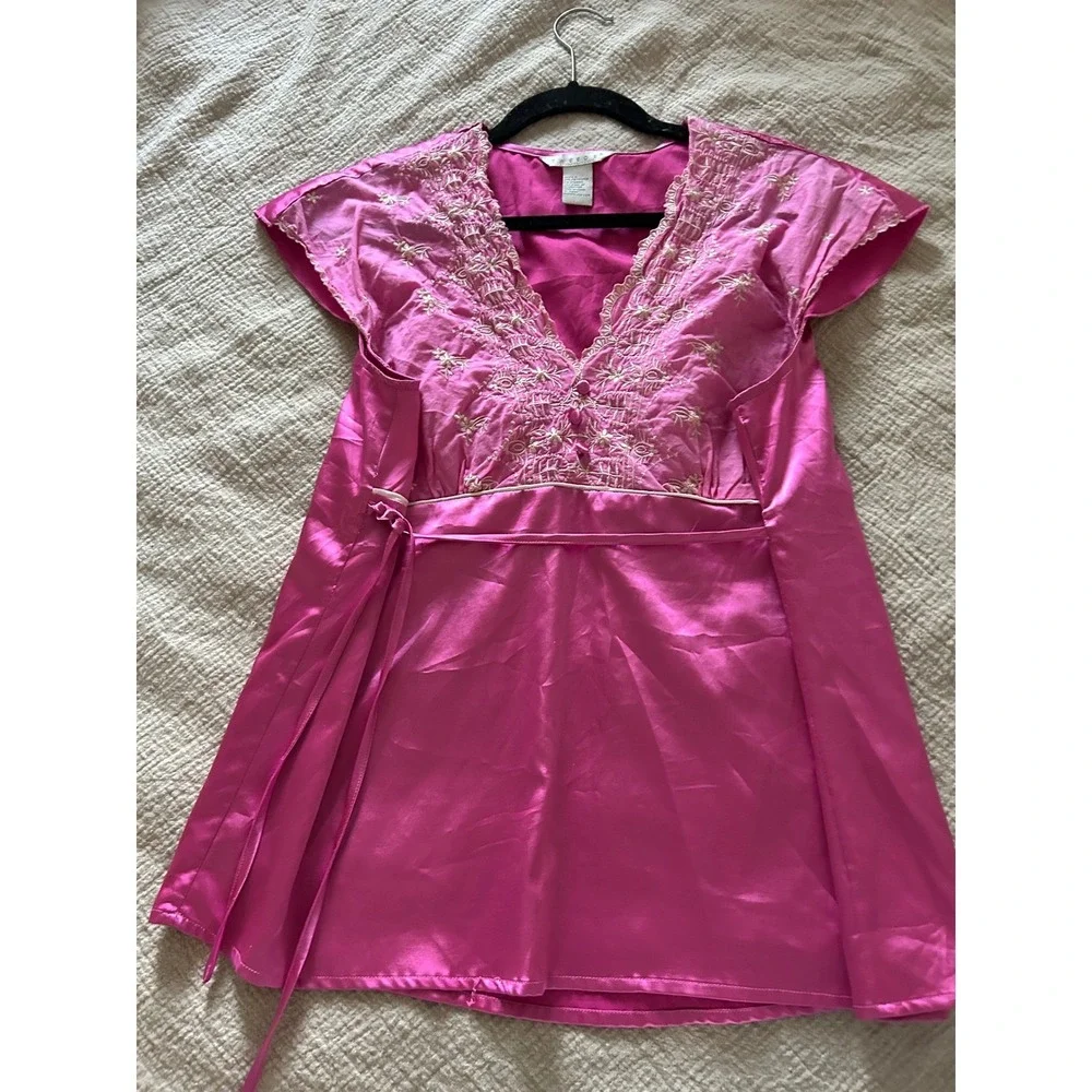 Vtg Tweeds Pink Embroidered Babydoll Cap Sleeve Tunic Tie Waist L Coquette Fairy - Picture 13 of 14